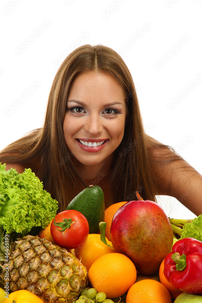 beautiful young woman with fruits and vegetables, isolated beautiful young woman with fruits and vegetables, isolated
