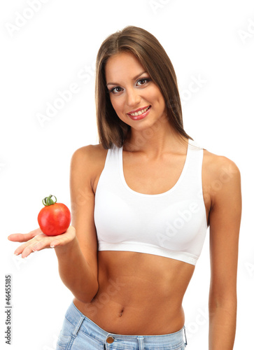 beautiful young woman with tomato, isolated on white