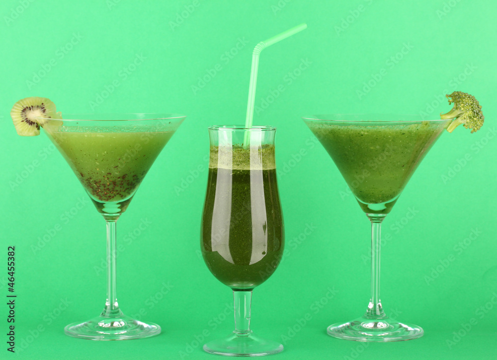 Three kinds of green juice in coctail glasses