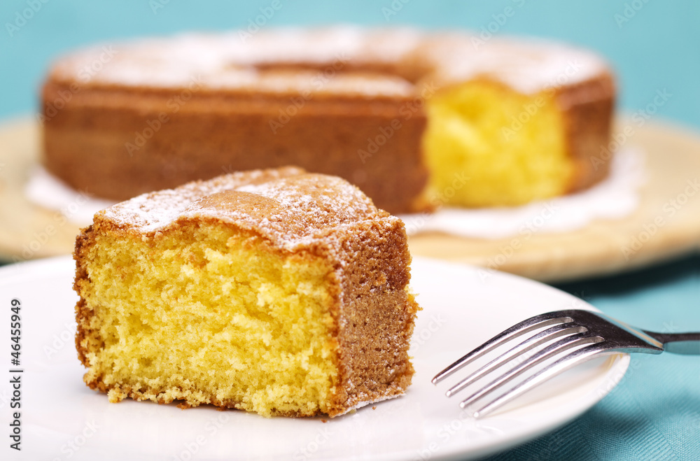 close up of a piece of cake with icing sugar