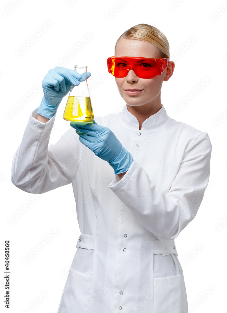 Woman doctor in rubber gloves hands conical flask Woman doctor in rubber gloves hands conical flask