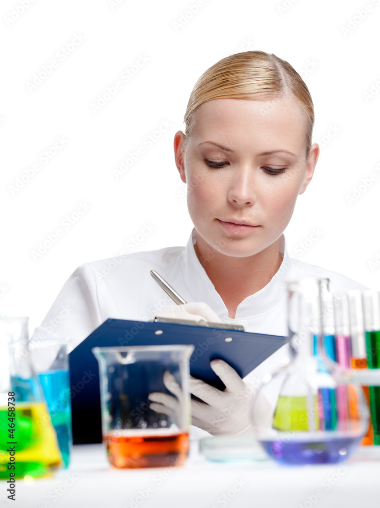 Doctor makes some notes after the experiment, isolated on white