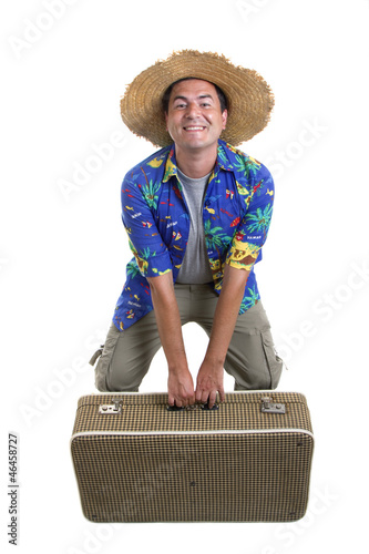 young silly man traveler, full body on white background