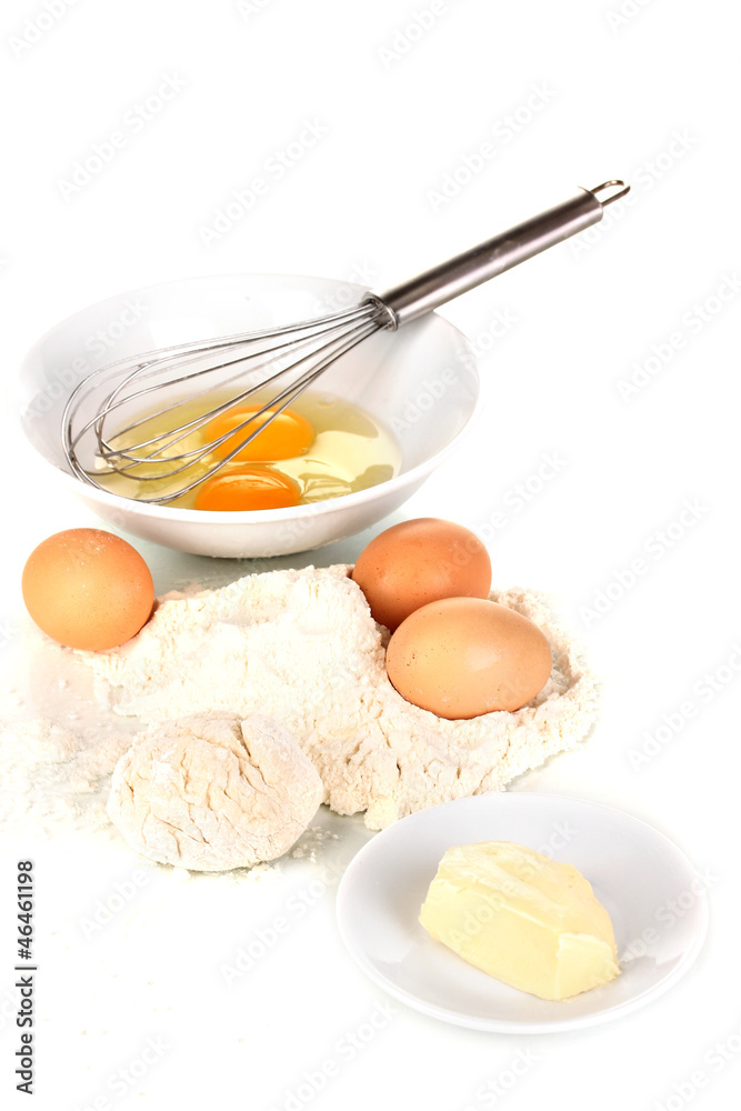 Eggs, flour and butter isolated on white Eggs, flour and butter isolated on white