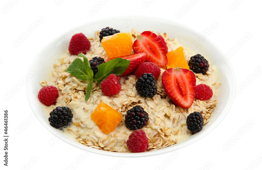 tasty oatmeal with berries, isolated on white