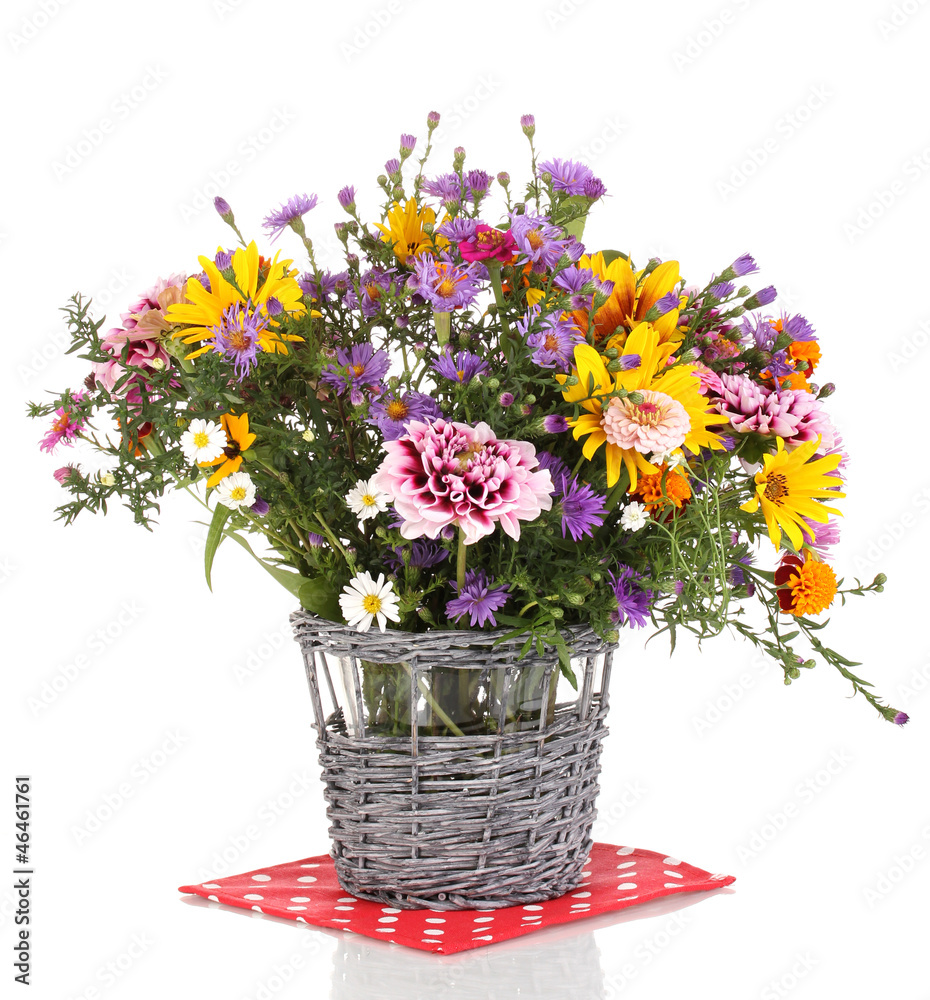 beautiful bouquet of bright flowers in basket isolated on white