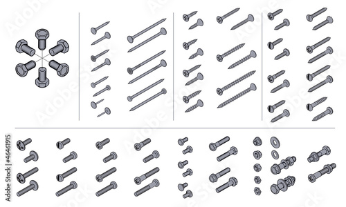 screws, nuts and nails in isometric view photo