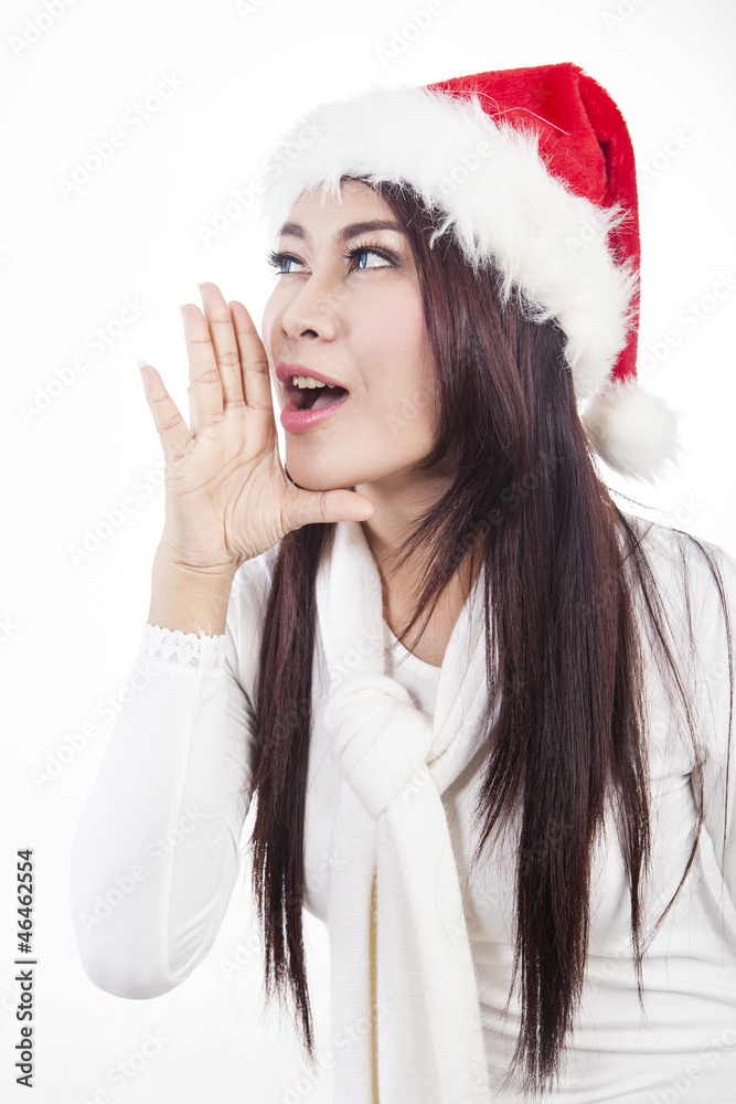 Announce Christmas sale by woman with santa hat Announce Christmas sale by woman with santa hat
