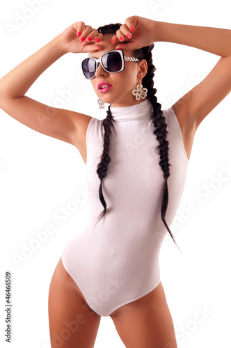woman with a white skin-tight costume