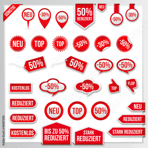 Vector red price tags, labels, stickers, arrows and ribbons