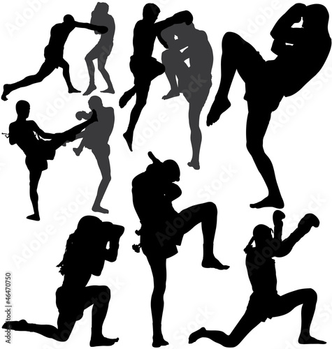 Muay Thai (Thai Boxing) vector silhouettes isolated on white background
