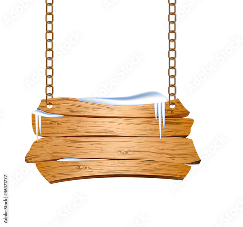 Wooden sign suspended on chains