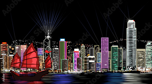 Canvas Print vector illustration of Hong Kong by night