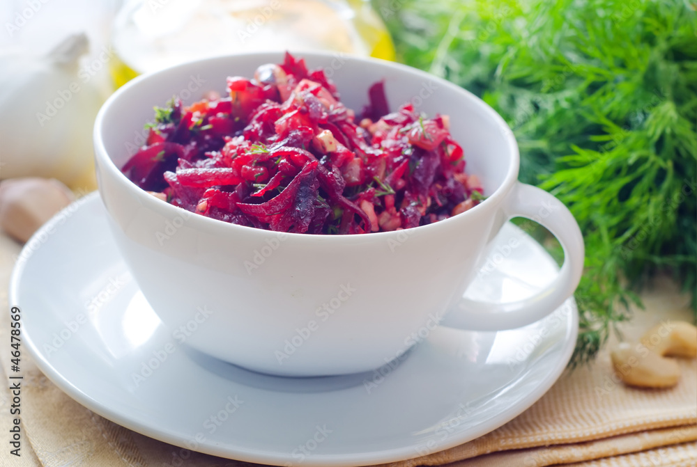 Fresh salad with beet and walnuts, vegetarian salad