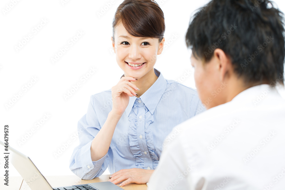 Young asian smiling business woman and businessman Young asian smiling business woman and businessman