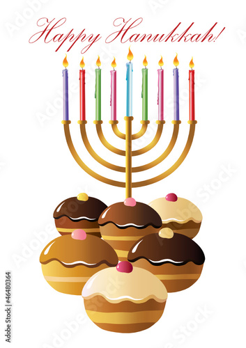 Hanukkah menorah with  candle and  doughnut