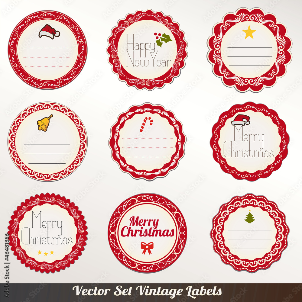 Set of vector Christmas labels, old dirty paper textures