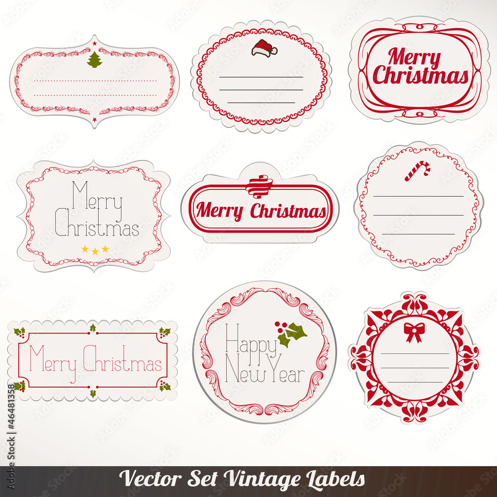 Set of vector Christmas labels, old dirty paper textures