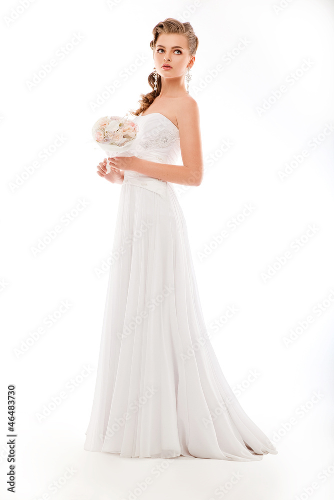 Beautiful woman with bunch of flowers, white wedding dress Beautiful woman with bunch of flowers, white wedding dress
