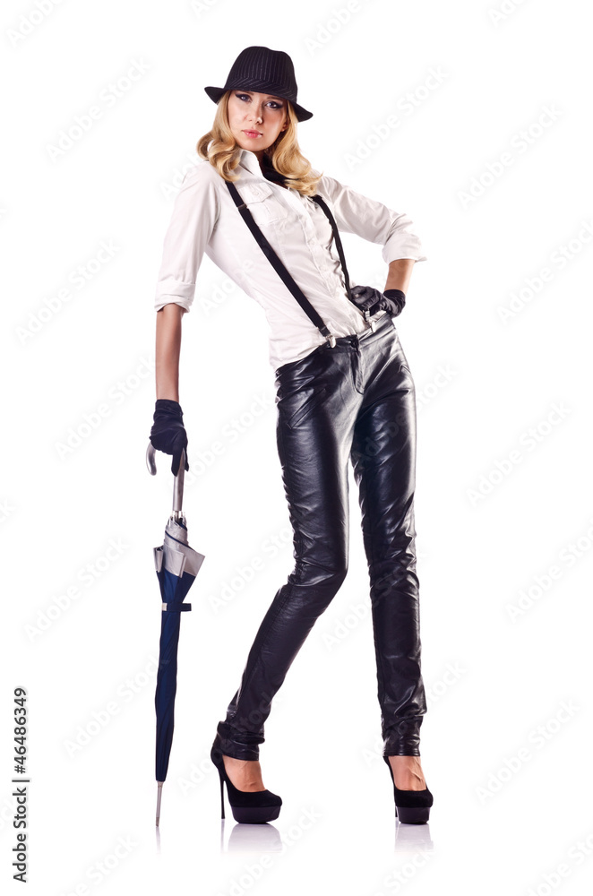 Attractive woman dancing in leather suit Attractive woman dancing in leather suit