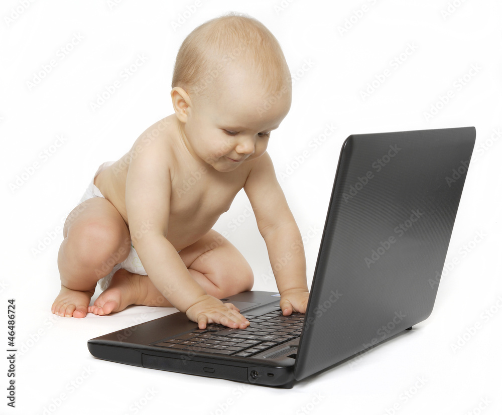 baby i laptop - obrazy, fototapety, plakaty 