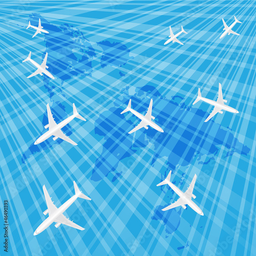 Airplanes in the blue sky over the wold map.