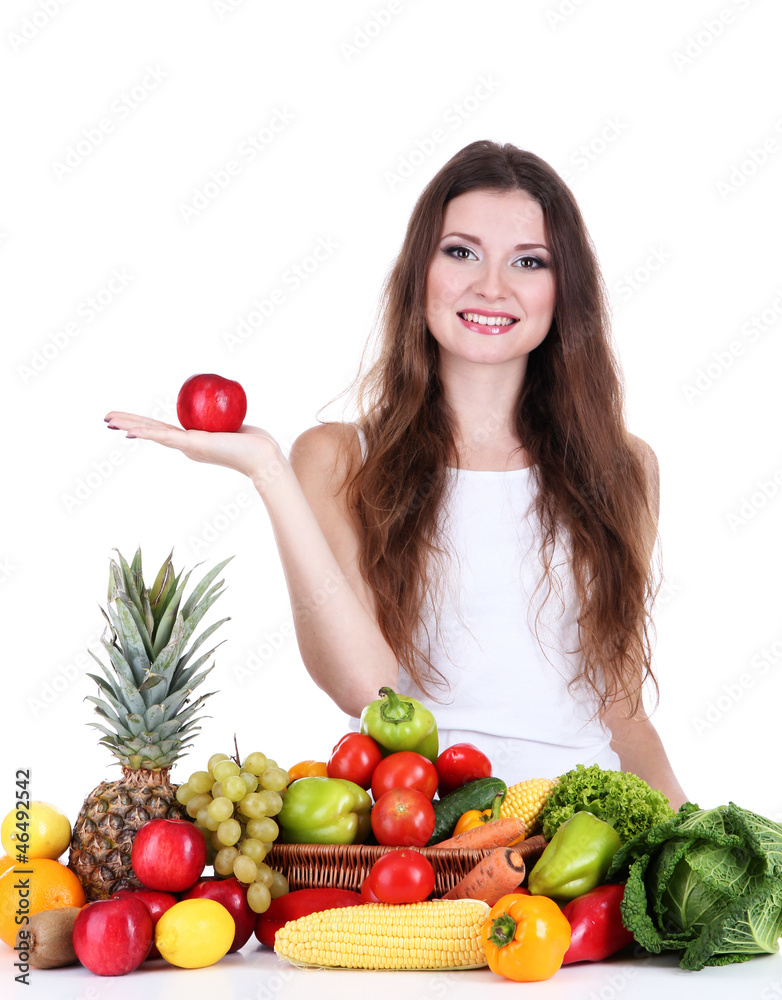 Beautiful woman with vegetables and fruits