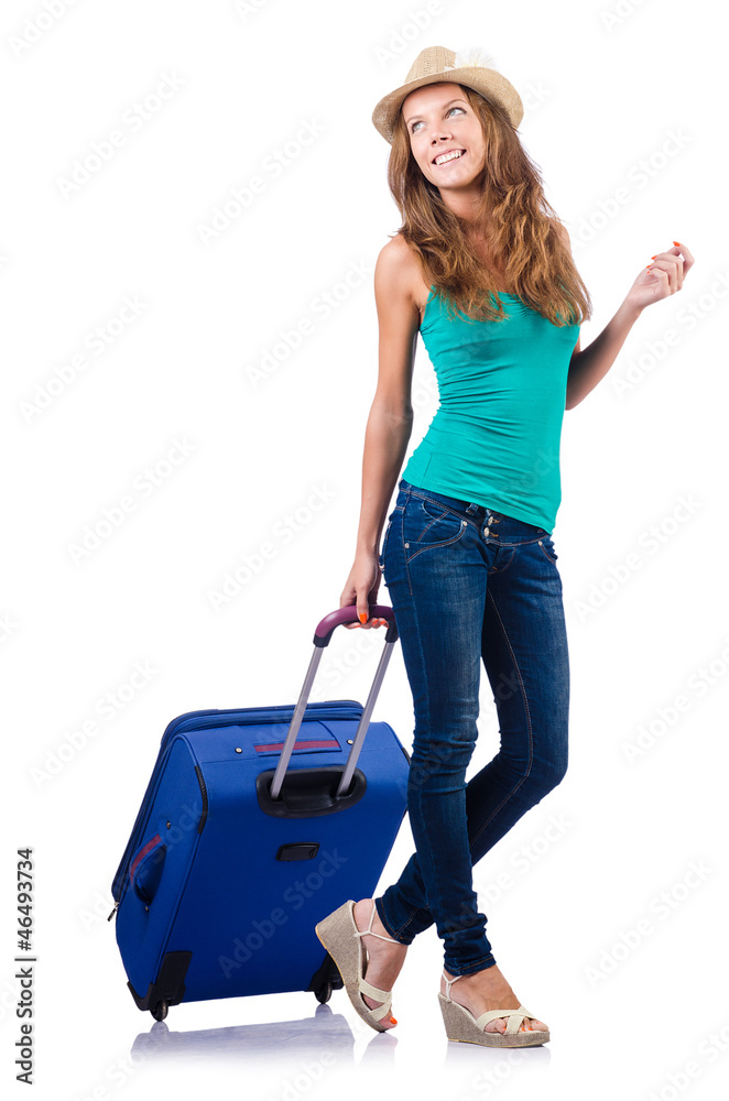 young girl with suitcase on white young girl with suitcase on white