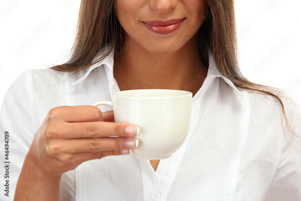 beautiful young woman with cup of coffee, isolated on white beautiful young woman with cup of coffee, isolated on white