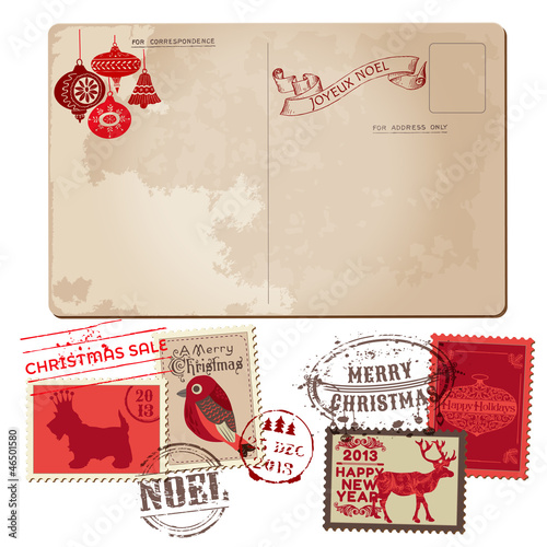 Vintage Christmas Postcard and Stamps - for design, invitation,