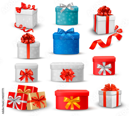 Set of colorful gift boxes with bows and ribbons.