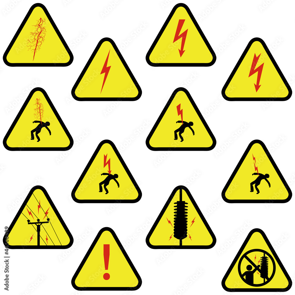 Electricity sign set. Yellow triangle shape. Electricity sign set. Yellow triangle shape.