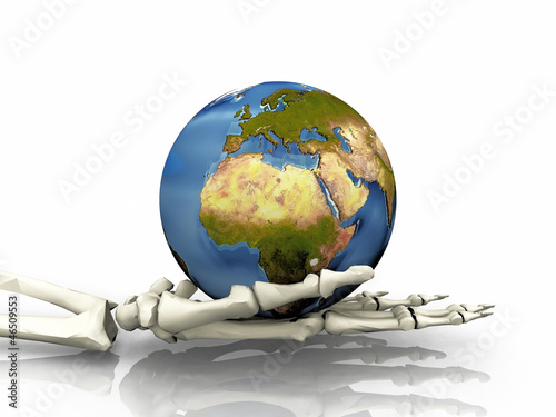 the earth in a skeleton hand photo