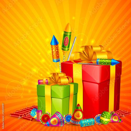 vector illustration of gift and firecracker for Diwali
