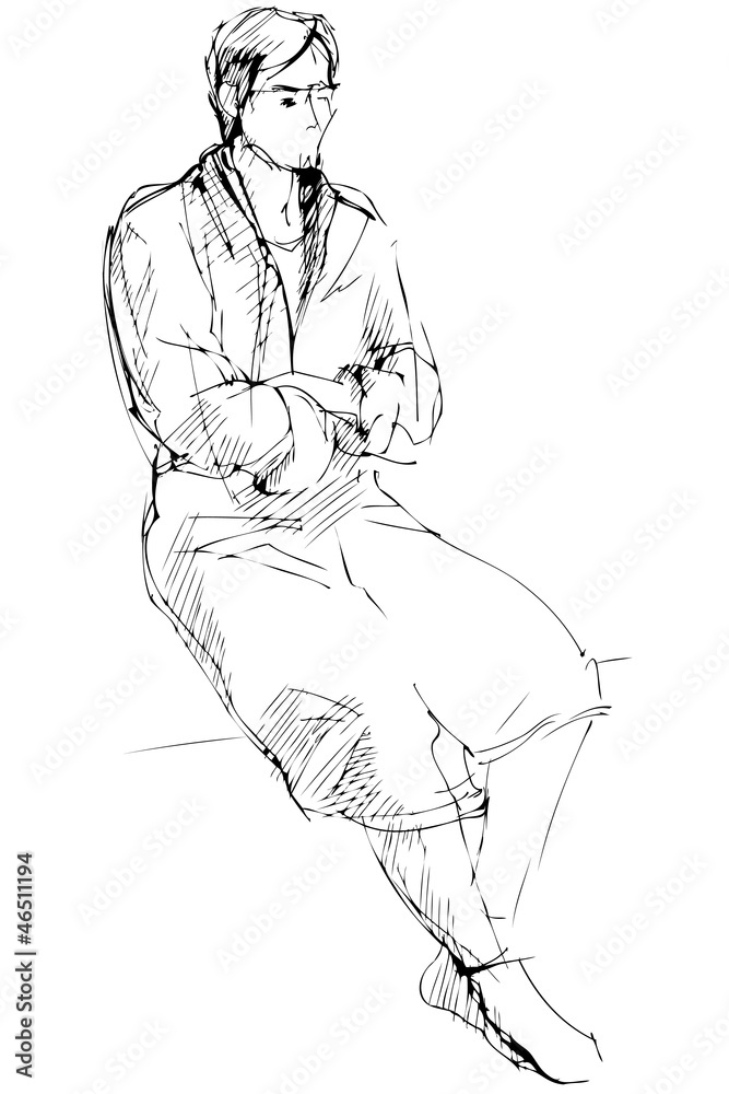 Fototapeta premium sketch of man in a dressing-gown sits barefoot