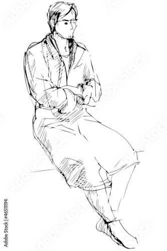 sketch of man in a dressing-gown sits barefoot