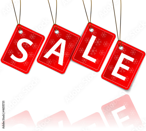 Red hanging tags with the word sale