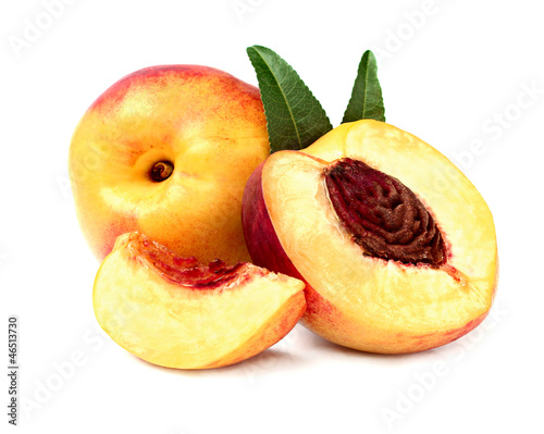 Peach with foliage and a half