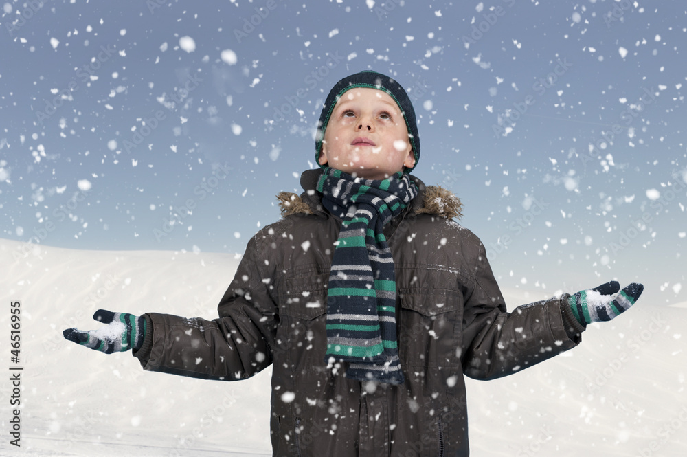 snow falling down on boy looking up snow falling down on boy looking up