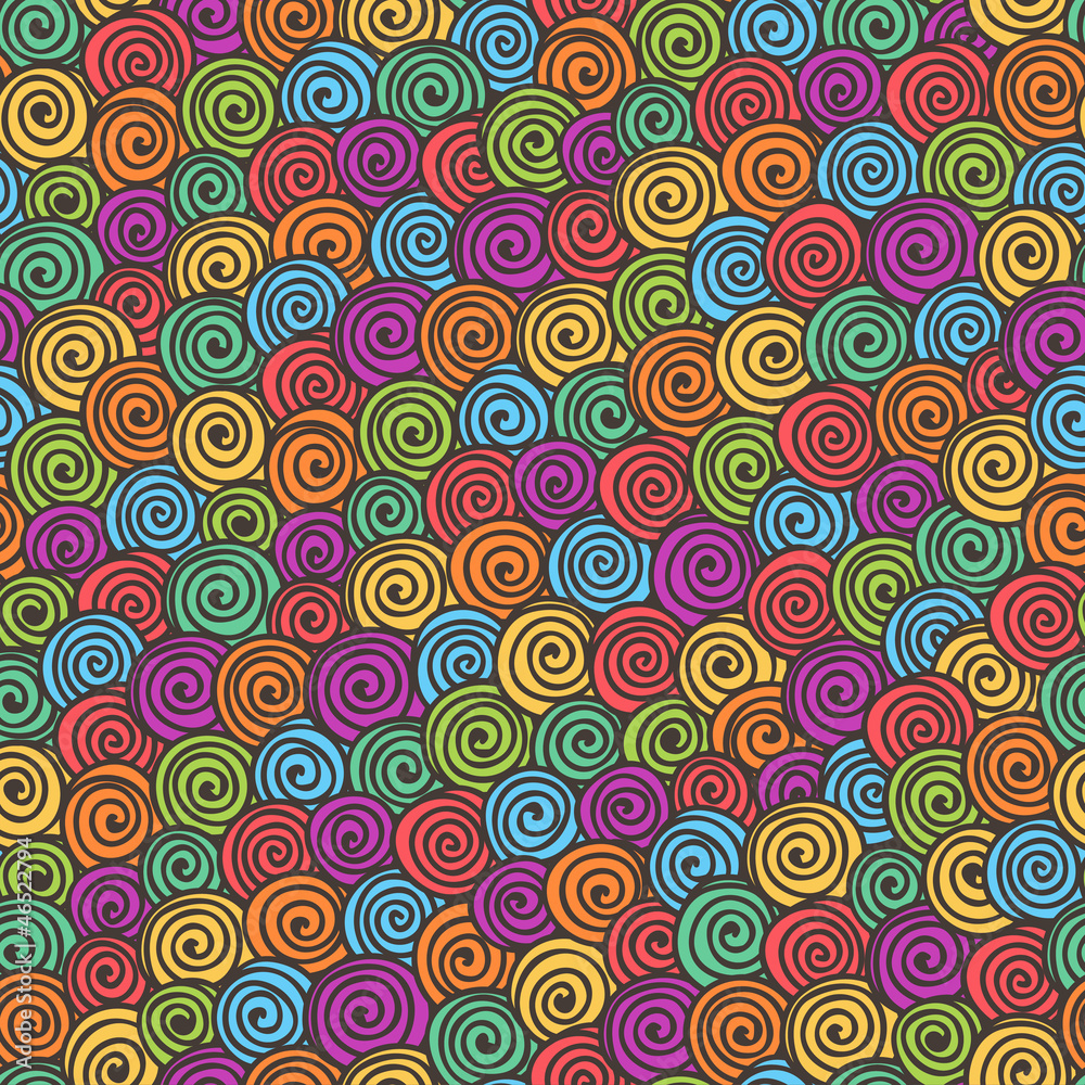 Seamless abstract hand-drawn pattern with color spirals. Vector