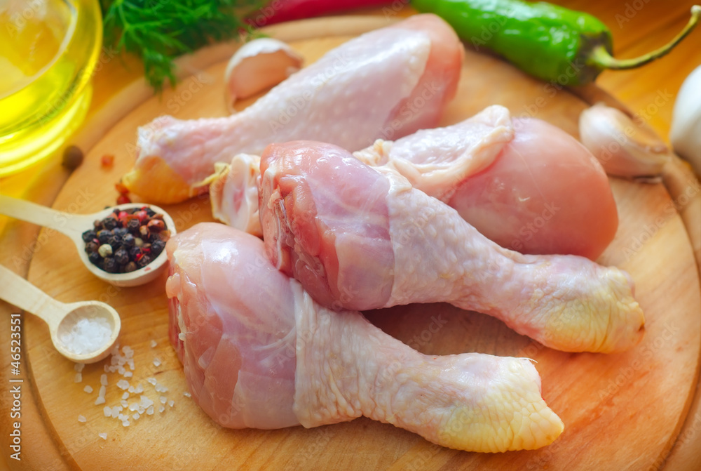 Raw chicken on wooden board, Chicken with spice Raw chicken on wooden board, Chicken with spice
