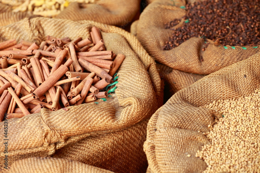 Big bag with cinnamon sticks in indian market Big bag with cinnamon sticks in indian market