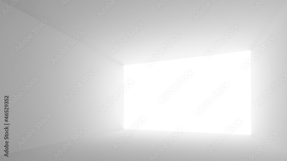 Empty white room interior with shining screen
