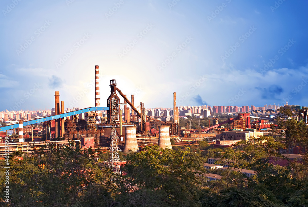 Fototapeta premium Landscape of construction power factories with big chimneys and