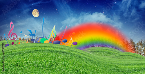 Music Notes, Rainbow and Moon in Blue Sky over Green Hills