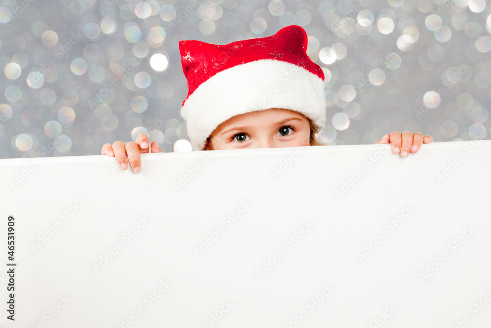 Christmas - lovely girl Santa Claus with white board Christmas - lovely girl Santa Claus with white board