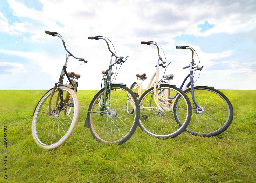 four bicycles on meadow