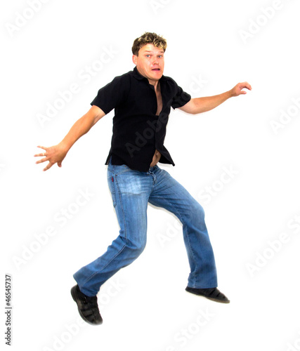 man jumped up on a white background