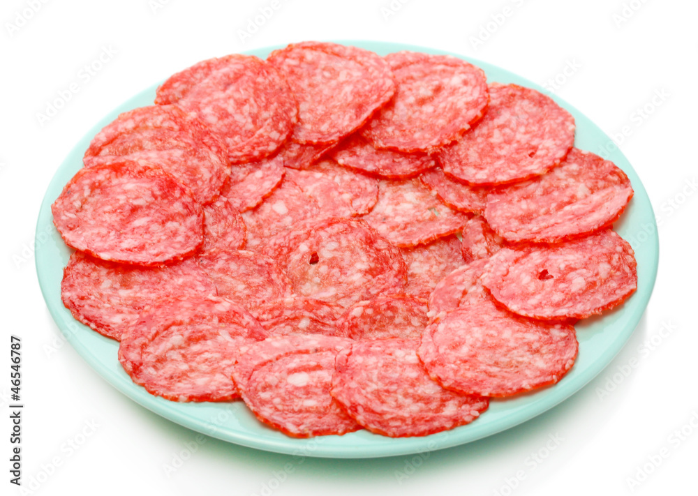 tasty sausage on plate, isolated on white tasty sausage on plate, isolated on white