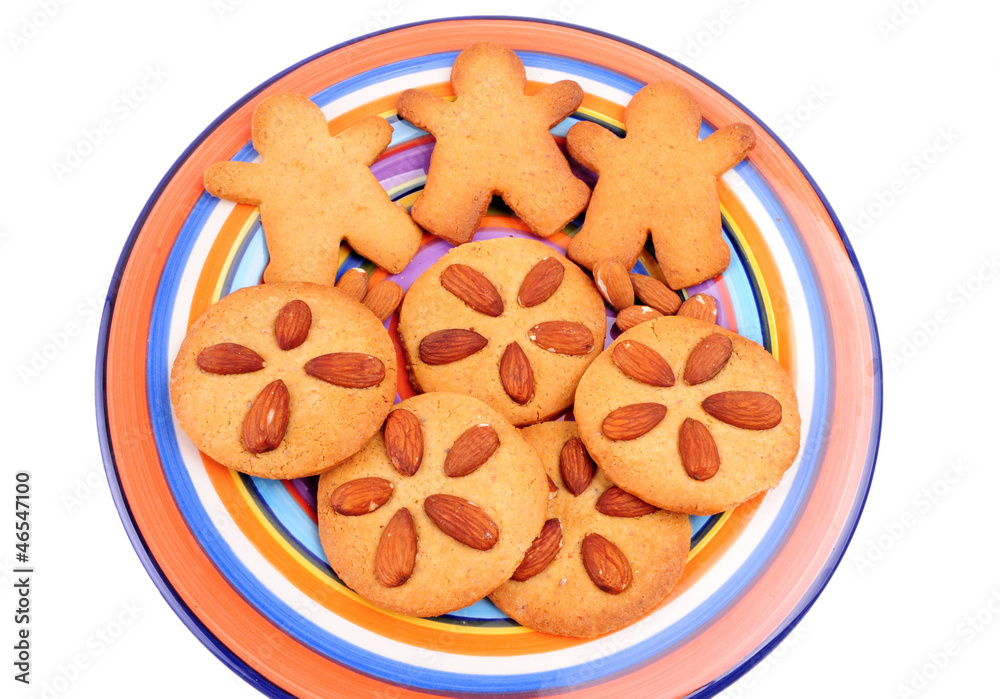 homemade biscuits on colourful dish. Christmas cookies